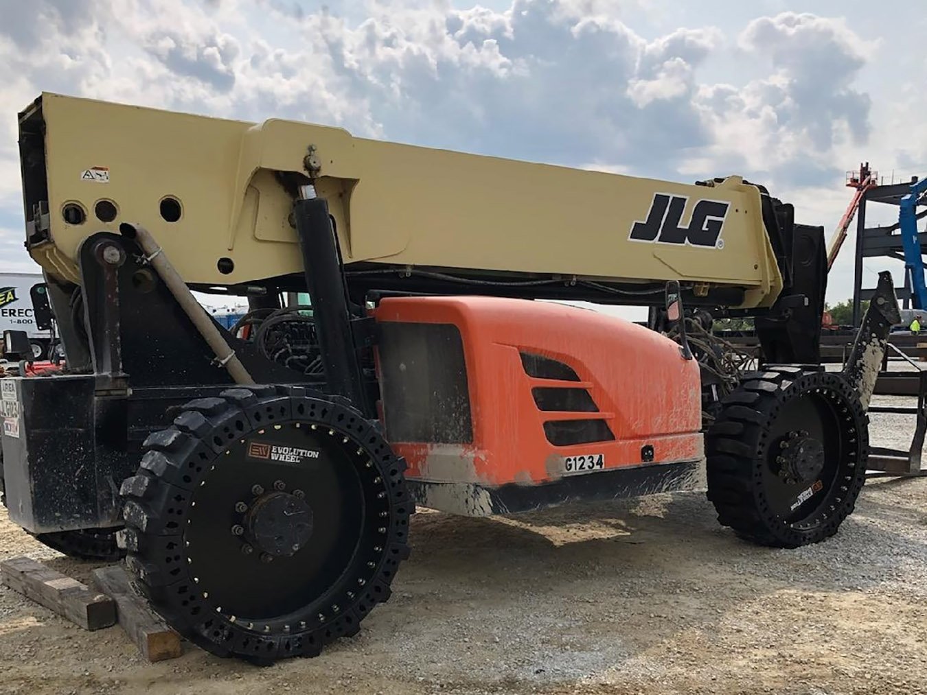 This image shows our telescopic forklift tires on a JLG telehandler