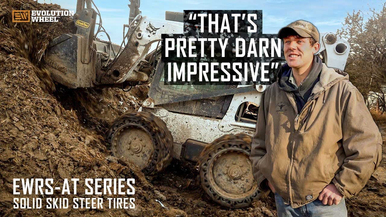 This is a customer testimonial video from Tate, describing his experience with the EWRS-AT solid skid steer tires.