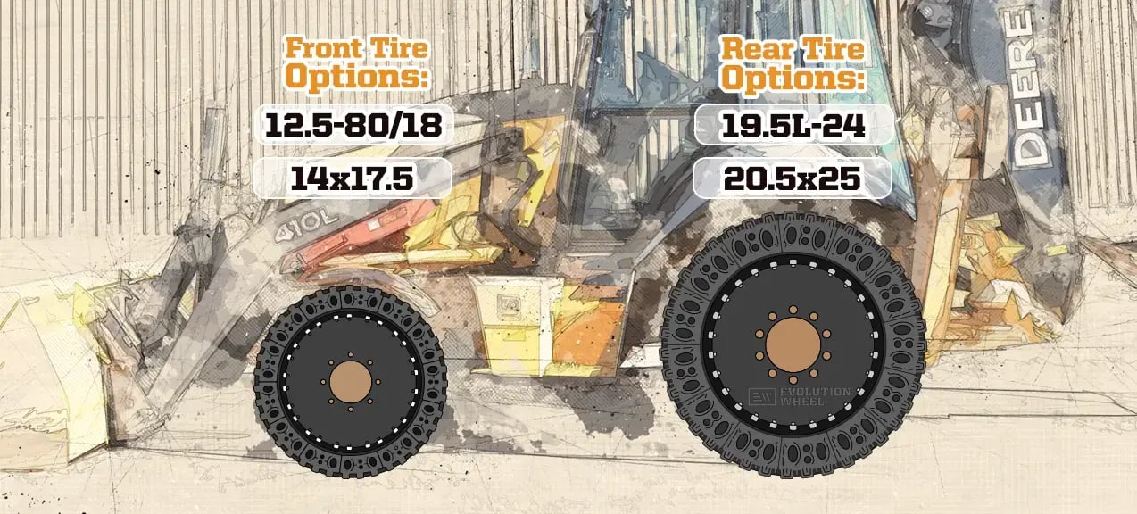 deere 410L airless tire sizes