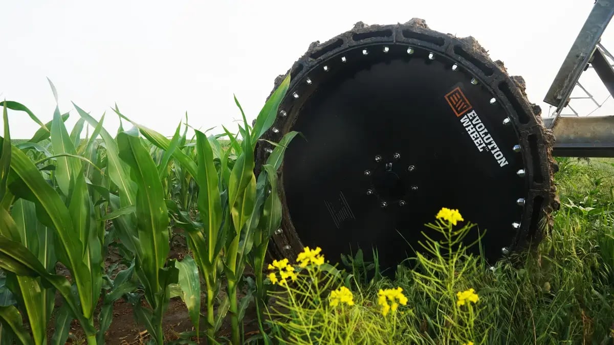 Detailed shot of a modular airless irrigation tire designed to stay in the field year round without the risk of air loss or rot.