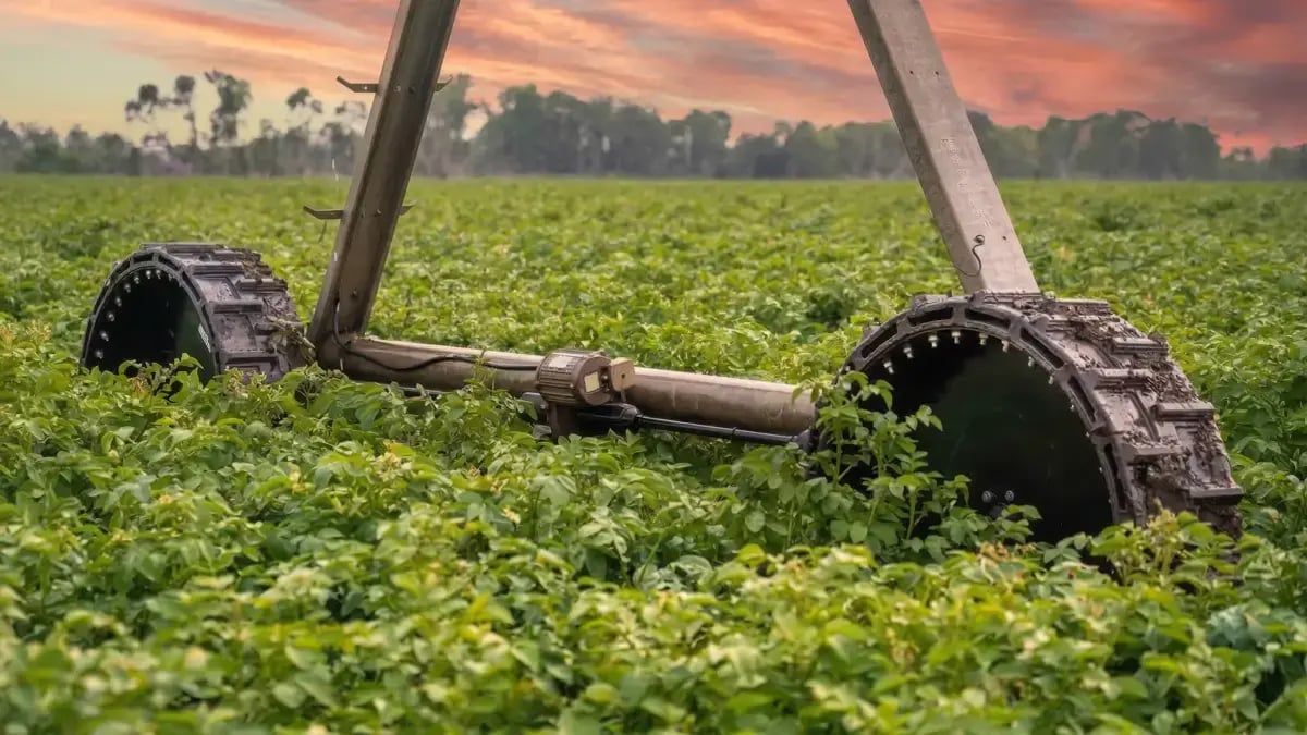 Evolution Wheel airless irrigation tires installed on a center pivot system to provide reliable traction in a vast agricultural field.