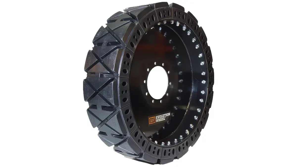 A single EWRS-TH-HS 14x24 hard surface solid telehandler tire displaying its rim and tread