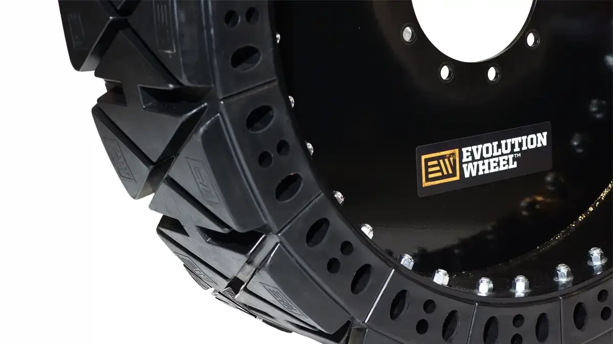 A standalone EWRS-TH-HS hard surface airless tire highlighting its solid rubber construction