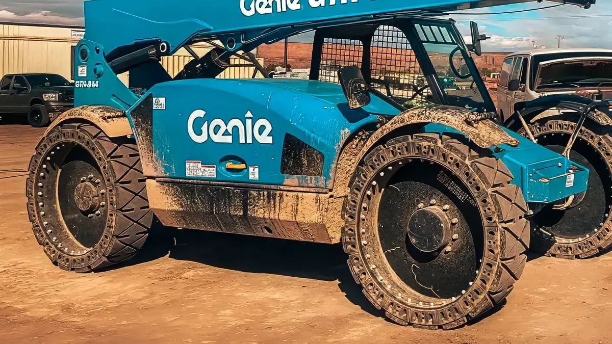 Genie telehandler parked on a job site with black airless tires for maintenance-free uptime.