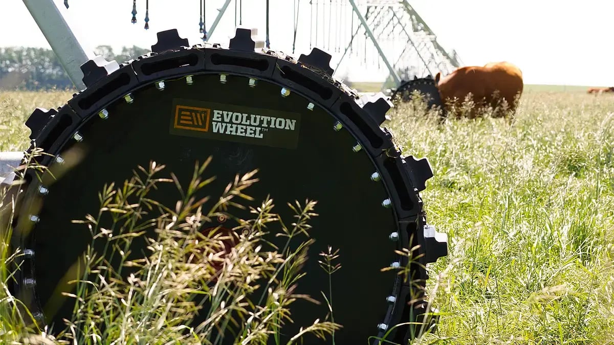 A close-up view of the rugged, segmented tread pattern on a deep-tread airless EWRS-Pivot-XT irrigation tire. Its solid construction is designed to eliminate flats and provide relentless traction in wet, muddy conditions.