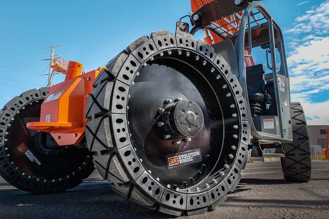 Segmented solid tires mounted on a telehandler