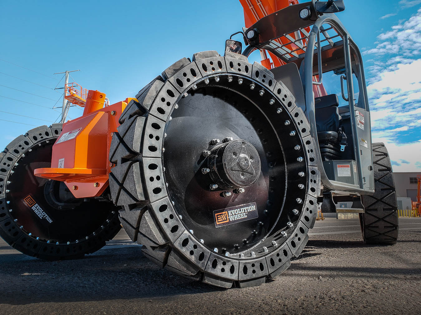 This image shows our solid telehandler tires the EWRS-TH on a telehandler.